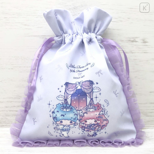 Japan Sanrio Frill Drawstring Pouch - Little Twin Stars : Dolly Mix Pearl - 1