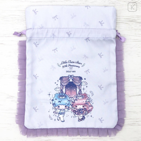 Japan Sanrio Frill Drawstring Pouch - Little Twin Stars : Dolly Mix Pearl - 3