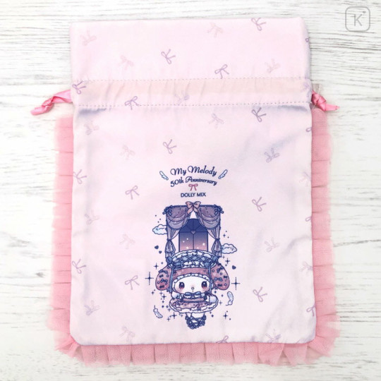 Japan Sanrio Frill Drawstring Pouch - My Melody : Dolly Mix Pearl - 3