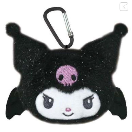 Japan Sanrio Face-shaped Pouch with Carabiner - Kuromi : Devil Black - 1