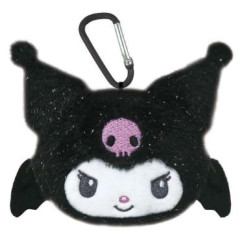 Japan Sanrio Face-shaped Pouch with Carabiner - Kuromi : Devil Black