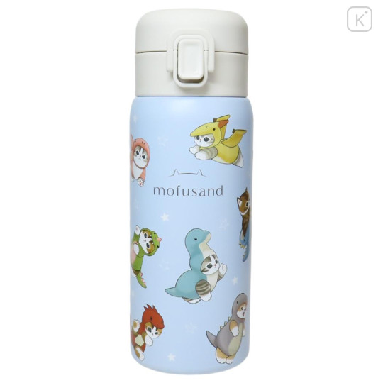 Japan Mofusand Stainless Steel One Push Bottle 350ml - Cat Dinosaur Nyan Blue - 1