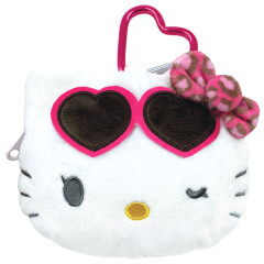 Japan Sanrio Mini Plush Pouch with Carabiner - Hello Kitty : Heart Sunglasses Wink
