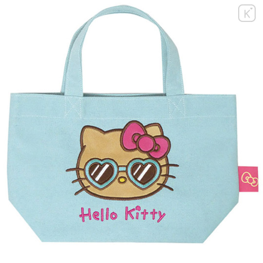 Japan Sanrio Mini Tote Bag - Hello Kitty : Tan Swimsuit Party Blue Sunglasses - 1