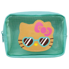 Japan Sanrio Mesh Mini Pouch - Hello Kitty : Tan Swimsuit Party Green Sunglasses