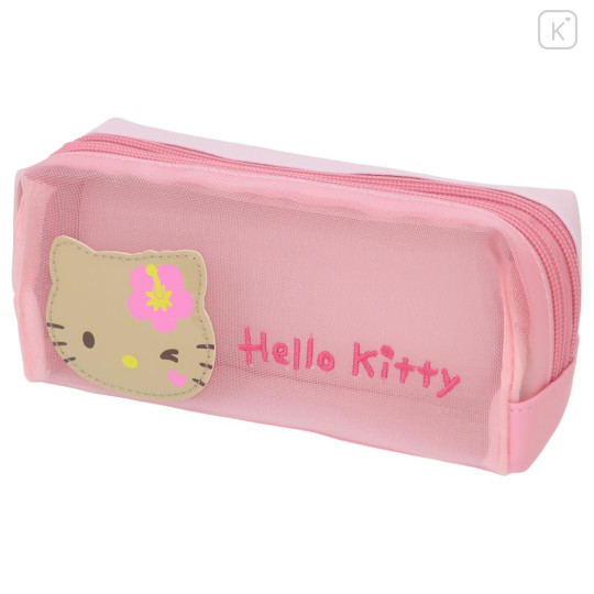 Japan Sanrio Mesh Pen Pouch - Hello Kitty : Tan Swimsuit Party Y2K Tan Pink - 1