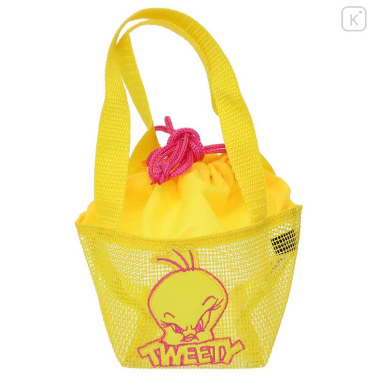 Japan Looney Tunes Mesh Pouch With Handle - Tweety : Yellow - 1