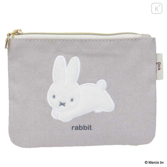 Japan Miffy Flat Mini Pouch - Miffy : Bruna Fluffy Applique Jumping Grey - 1