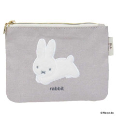 Japan Miffy Flat Mini Pouch - Miffy : Bruna Fluffy Applique Jumping Grey