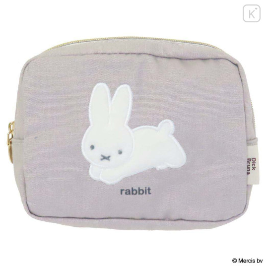 Japan Miffy Embroidery Cosmetic Pouch - Miffy : Bruna Fluffy Applique Jumping Grey - 1