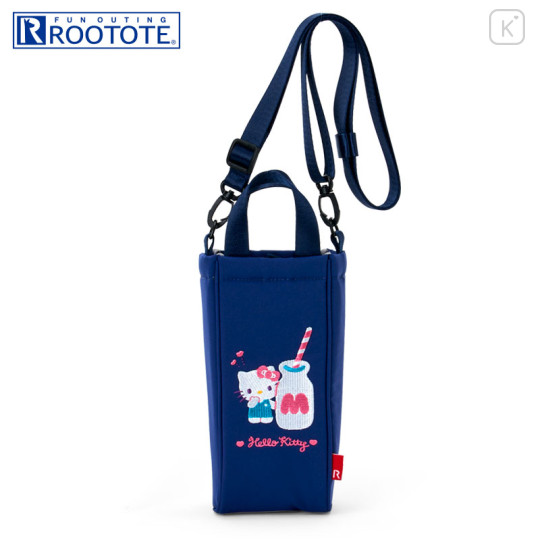 Japan Sanrio Rootote Water Bottle Holder with Shoulder Strap - Hello Kitty : Navy - 1