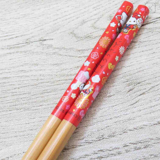 Japan Sanrio Bamboo Chopsticks 21cm - Hello Kitty : Japanese Style Red - 2