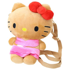 Japan Sanrio Fluffy Pochette Shoulder Crossbody Bag - Hello Kitty : Tan Swimsuit Party