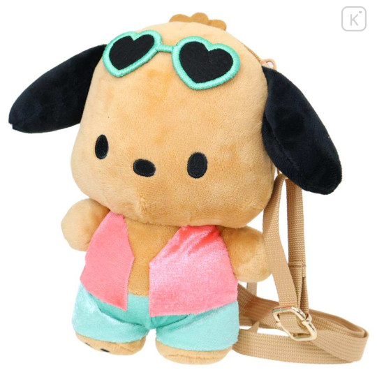 Japan Sanrio Fluffy Pochette Shoulder Crossbody Bag - Pochacco : Tan Swimsuit Party - 1