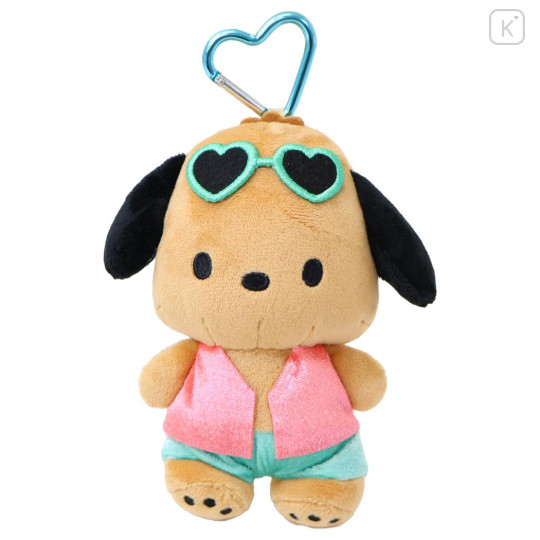 Japan Sanrio Mini Plush Pouch with Carabiner - Pochacco : Tan Swimsuit Party - 1
