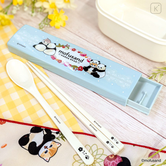 Japan Mofusand Chopsticks 18cm & Spoon with Case - Panda Cat Nyan Blue - 2