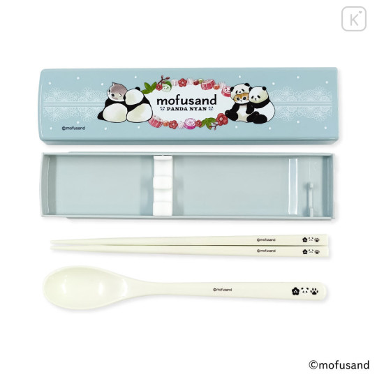 Japan Mofusand Chopsticks 18cm & Spoon with Case - Panda Cat Nyan Blue - 4
