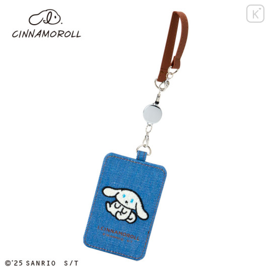 Japan Sanrio Sagara Embroidered Pass Case with Reel - I.Cinnamoroll : Light Blue - 1