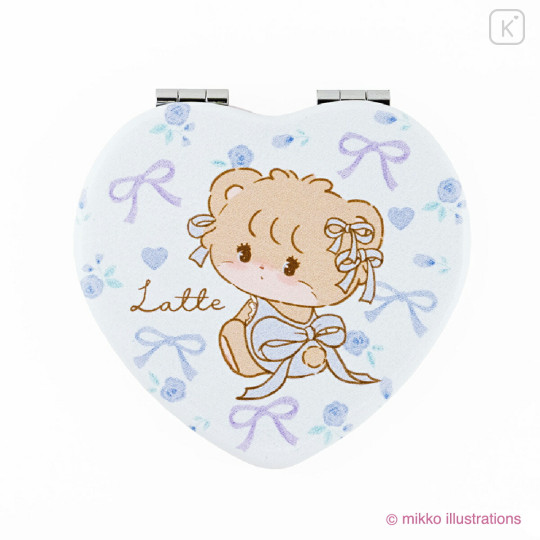 Japan Mikko Illustrations 2-sided Compact Mirror - Latte Ribbon Heart Blue Pink - 1
