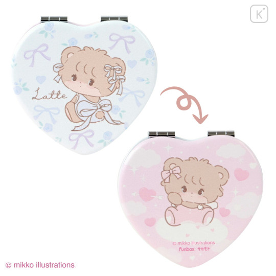 Japan Mikko Illustrations 2-sided Compact Mirror - Latte Ribbon Heart Blue Pink - 2