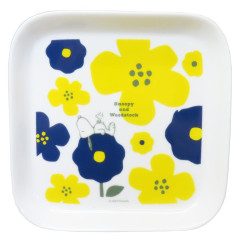 Japan Peanuts Porcelain Square Plate - Snoopy & Woodstock : Flower Navy Yellow