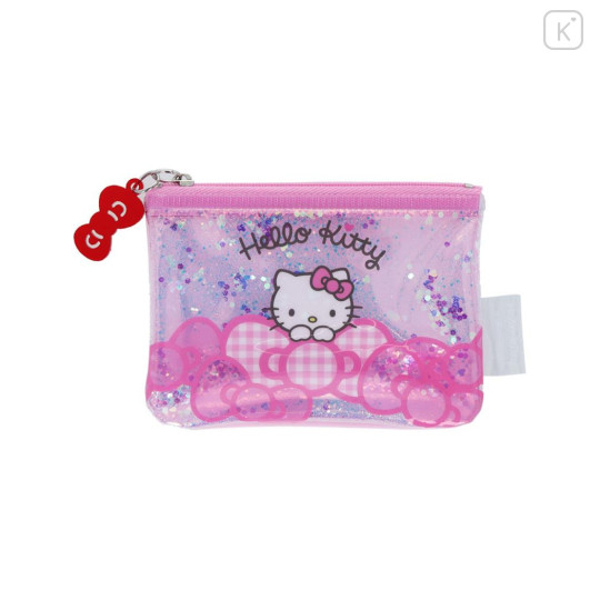 Japan Sanrio Clear Flat Mini Pouch - Hello Kitty : Glitter Pink Ribbon - 1