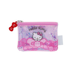 Japan Sanrio Clear Flat Mini Pouch - Hello Kitty : Glitter Pink Ribbon