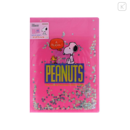 Japan Peanuts A5 Clear File - Snoopy & Woodstock : Sequin World Famous Comic Pink - 1