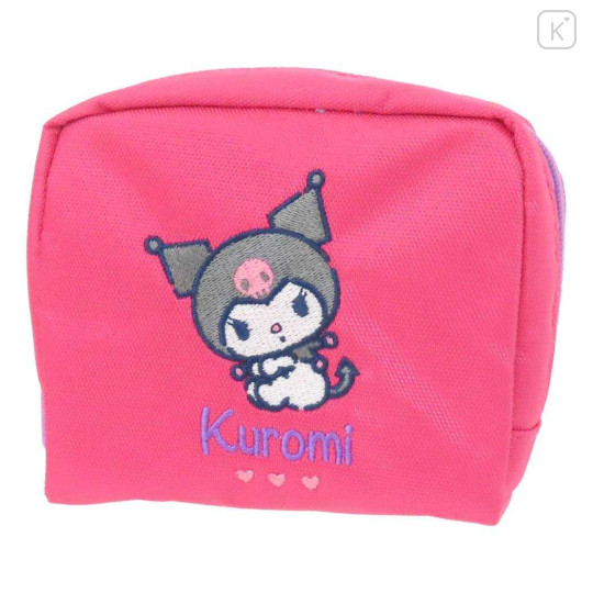 Japan Sanrio Fluffy Embroidered Cosmetic Pouch - Kuromi : Sitting - 1