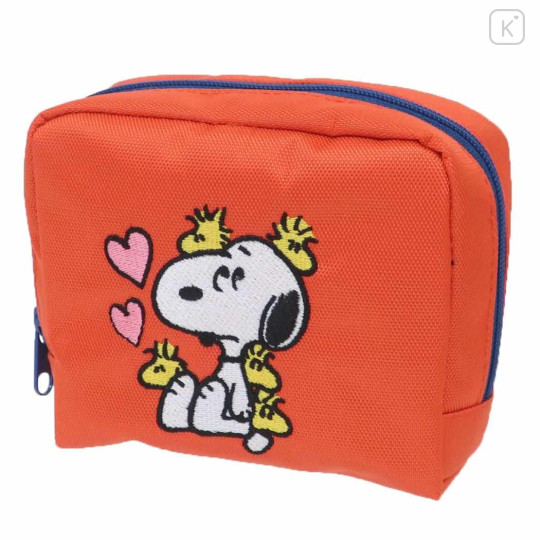 Japan Peanuts Fluffy Embroidered Cosmetic Pouch - Snoopy & Woodstock : Sitting Orange - 1