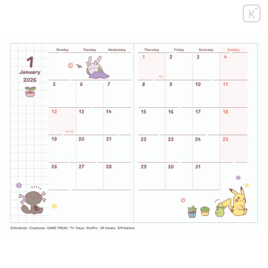 Japan Pokemon A6 Planner Monthly Schedule Book - Pikachu : Happy 2026 - 2