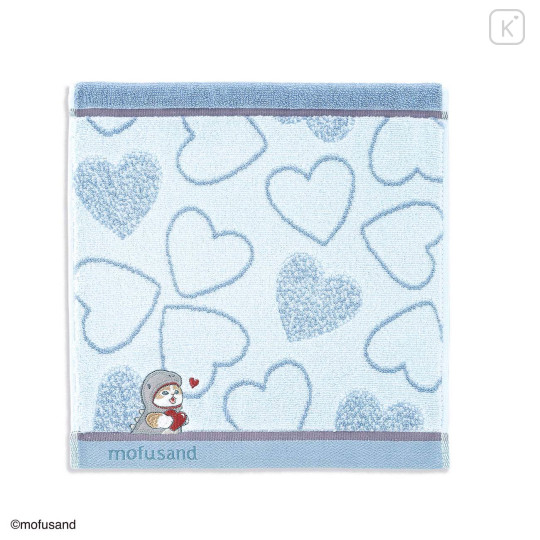 Japan Mofusand Towel Handkerchief - Dinosaur Cat Blue Heart Embroidery - 1