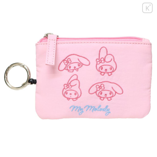 Japan Sanrio Mini Pouch & Pass Case Card Holder with Reel - My Melody : Funny Face Light Pink - 1