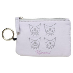 Japan Sanrio Mini Pouch & Pass Case Card Holder with Reel - Kuromi : Funny Face Light Purple