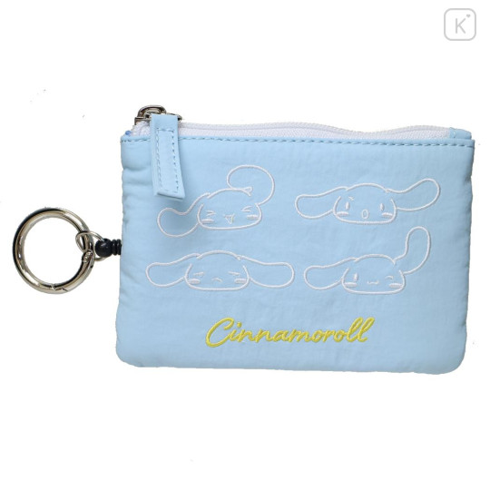 Japan Sanrio Mini Pouch & Pass Case Card Holder with Reel - Cinnamoroll : Funny Face Light Blue - 1