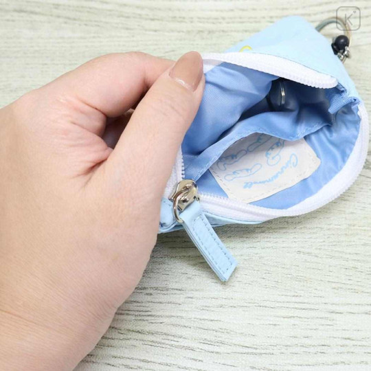 Japan Sanrio Mini Pouch & Pass Case Card Holder with Reel - Cinnamoroll : Funny Face Light Blue - 3