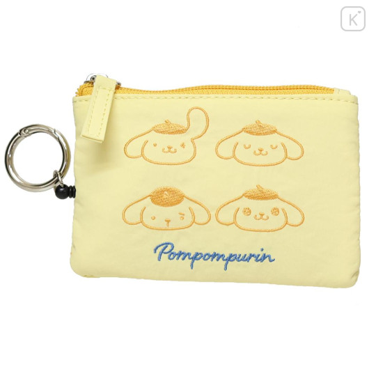 Japan Sanrio Mini Pouch & Pass Case Card Holder with Reel - Pompompurin : Funny Face Light Yellow - 1