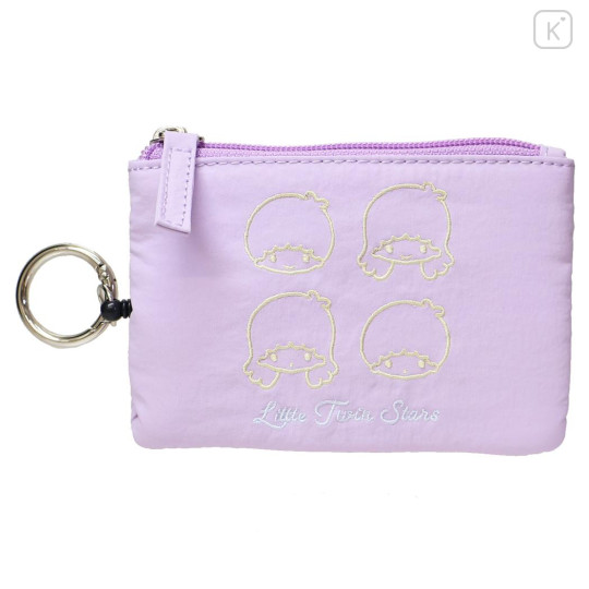 Japan Sanrio Mini Pouch & Pass Case Card Holder with Reel - Little Twin Stars : Funny Face Light Purple - 1