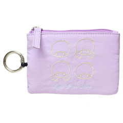 Japan Sanrio Mini Pouch & Pass Case Card Holder with Reel - Little Twin Stars : Funny Face Light Purple