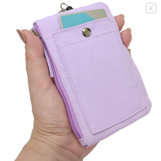 Japan Sanrio Mini Pouch & Pass Case Card Holder with Reel - Little Twin Stars : Funny Face Light Purple - 2