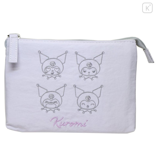 Japan Sanrio Fluffy Embroidered Cosmetic Pouch - Kuromi : Funny Face Light Purple - 1