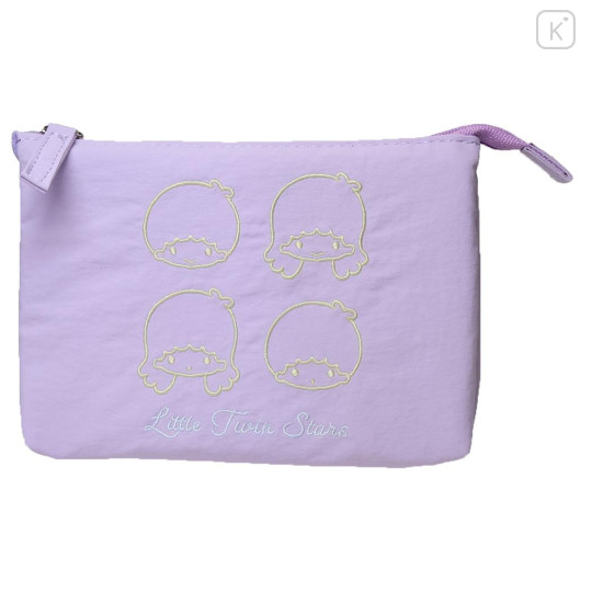 Japan Sanrio Fluffy Embroidered Cosmetic Pouch - Little Twin Stars : Funny Face Light Purple - 1