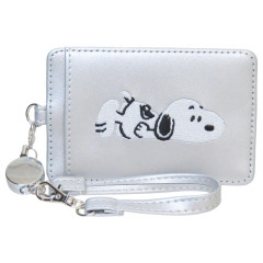 Japan Peanuts Pass Case Card Holder & Reel - Snoopy : Take It Easy Metallic Silver