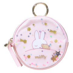 Japan Sanrio Mini Pouch with Carabiner - Miffy : Dreamy Night Pink Ribbon