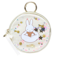 Japan Sanrio Mini Pouch with Carabiner - Miffy : Dreamy Night Beige Ribbon