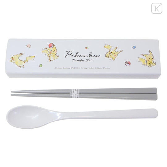 Japan Pokemon Chopsticks 18cm & Spoon with Case - Pikachu : number 025 Grey - 1