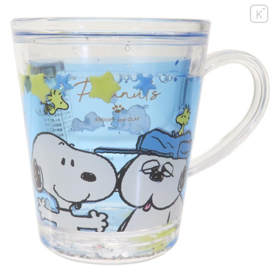 Japan Peanuts Glitter Snow Globe Plastic Cup - Snoopy & Woodstock : Brother Olaf Blue - 1