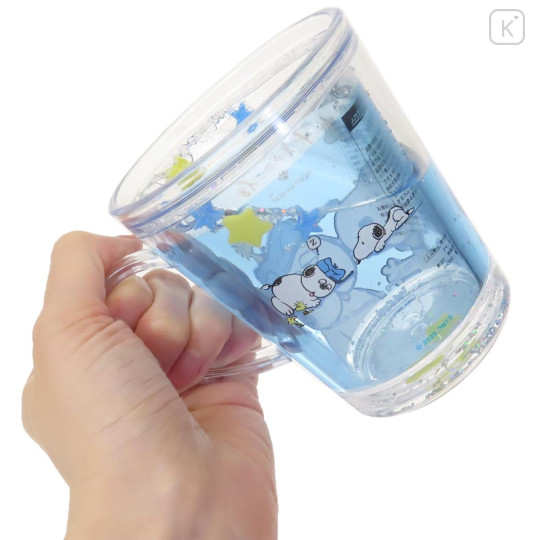 Japan Peanuts Glitter Snow Globe Plastic Cup - Snoopy & Woodstock : Brother Olaf Blue - 2