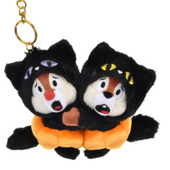 Japan Disney Store Plush Mascot Keychain - Chip & Dale : Halloween Costume Black Cat Pumpkin