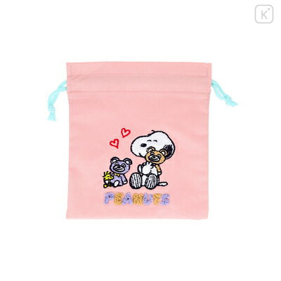 Japan Peanuts Embroidered Drawstring Bag - Snoopy & Woodstock : Cuddly Bears Pink - 1